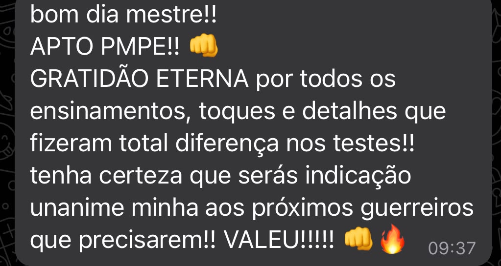 Mensagem de aluno aprovado: APTO PMPE, agradecendo os ensinamentos